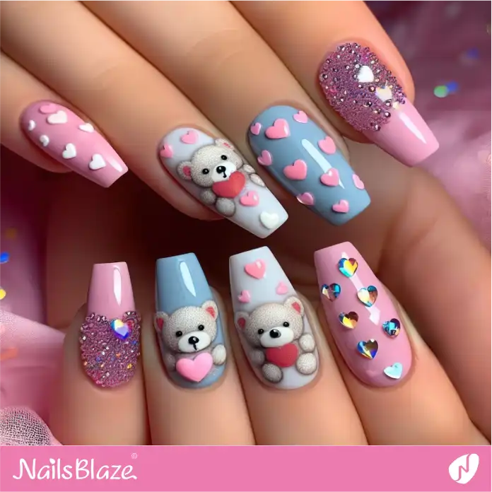 Teddy Nails with 3D Hearts and Rhinestones Design | Valentine Nails - NB2415